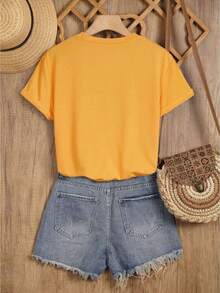 Camiseta casual para mujer estilo cute, estampado de mariposa y girasoles, tejido suave, color liso, ajuste regular, cuello redondo, manga corta, primavera verano, uso diario, camiseta - Amarillo - Ver 2