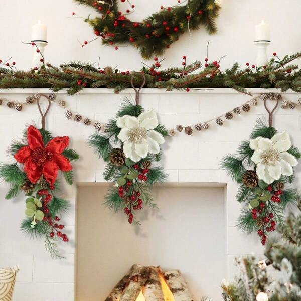 1pc, Artificial Christmas Teardrop Swag Wreath, Christmas Pine Cones Red Berries Swag Decoration Teardrop Swag Pendant For Wall Door Window, Christmas Wreaths, Christmas Decorations For Home, Christmas Wreaths For Front Door, Christmas Home Decor, Christmas Decorations Christmas Door Wreath, Christmas Garland, Seasonal Wall Hanging, Holiday Decorations, Classic Holiday Design