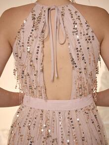 Mgiacy,New Arrival,Romantic Women's Sleeveless Halter Sequin Gown Long Flared Prom Dress With Belt Tie Back And Zipper Details Elegant And Glamorous Non-Stretch Evening Wear