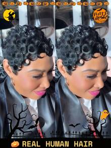 Krótkie peruki dla kobiet z ludzkich włosów, kręcone fale, peruki pixie z grzywką, peruka pixie z ludzkich włosów, peruka bez koronki z przodu, peruka z ludzkich włosów na kostiumy na Halloween, do codziennego użytku, w pełni maszynowo wykonana, peruka warstwowa, peruka do wymiany włosów, peruka "Załóż i idź"