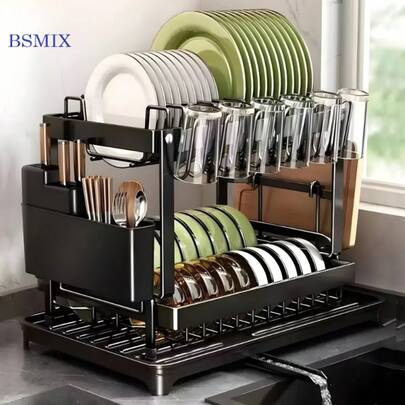 BSMIX Escorredor De Louça Inox Com Drenagem Porta Talheres E Copos Preto