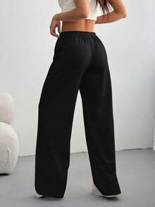 1pc Black Loose Fit Drawstring Design Casual Wide Leg Pants, Suitable For Outdoor Sports, Daily Wear In Summer & Autumn, Great Gift For Girlfriend Back To School Season