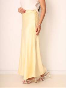 Satin Midi Skirt With Elastic - 黃色 - 查看 3