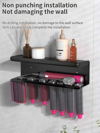 1 Stück schwerer Eisen Wandhalterung für Haartrockner & Lockenstab - Werkzeugfreie Aufhängevorrichtung mit schwarzen Ablagen & rosa Haken für Badezimmer, Salon, Spa - platzsparendes Aufbewahrungsregal für Haarstyling-Utensilien, Ablagen