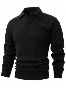 Men's Solid Color Half-Zip Dropped Shoulder Loose Casual Sweater, Long Sleeve Top - Black - View 3