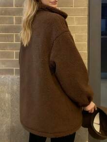 Abrigo de piel de oveja estilo coreano para mujer Versátil Top estilo influencer Chaqueta gruesa oversize de piel de oveja Ropa de piel de oveja para mujer Otoño/Invierno Novedades Abrigo de cuello alto de color liso y corte holgado Abrigo de lana cálido - Café integral - Ver 2