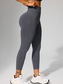 1pc High Waist Ribbed Yoga Leggings, Suitable For Hiking, Outdoor Activities, Sports And Casual Wear Spring - Brown - View 3