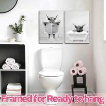 Framed 2 Pieces Bathroom Wall Art Funny Highland Cow Canvas Cow In Bathtub Prints Cute Animal Pictures Modern Home Décor Humor Animals Poster Rustic Farmhouse Dration 12"X16"X2,23776594 - 西瓜粉 - 查看 2