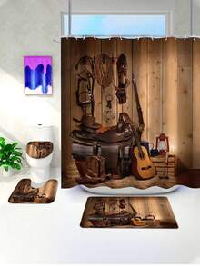 1/4 Pcs Denim Guitar Print Bathroom Set, Waterproof Shower Curtain With Hooks, Non-Slip Bath Mat, U-Shaped Toilet Mat, Toilet Lid Cover, Bathroom Accessories, Musical Art Decor