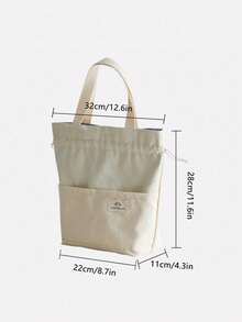 SHEIN X Jess Canvas Insulated Lunch Bag With Drawstring Closure Handle Back To School Lunch Box Lunch Bag Back To School Supplies Bento Box Lunchbag Home Essentials Lunch Kit Cooler Box Lunchbox Bag - White - View 9