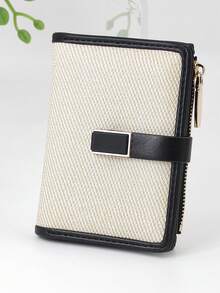 Women's Short Wallet, PU Woven Fabric Patchwork Contrast Color, Fashionable Snap Closure, Large Capacity, Multi-Card Slots, Multi-Function Card Holder, Zipper Coin Purse, Compact & Lightweight, Suitable For Holiday Gifts - Beige - View 1