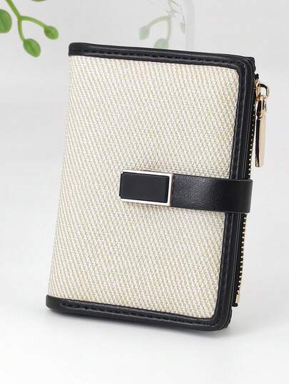 女士短款钱包，PU 编织面料拼布撞色，时尚按扣，大容量，多卡槽，多功能卡夹，拉链零钱包，小巧轻便，适合节日礼物