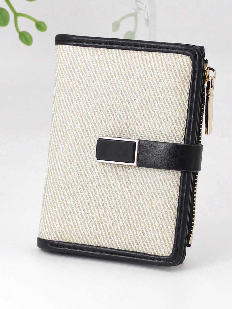 Women's Short Wallet, PU Woven Fabric Patchwork Contrast Color, Fashionable Snap Closure, Large Capacity, Multi-Card Slots, Multi-Function Card Holder, Zipper Coin Purse, Compact & Lightweight, Suitable For Holiday Gifts - Beige - View 1