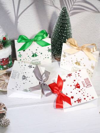 10pcs Elegant Christmas Gift Boxes With Satin Ribbon Bow, White Favor Boxes With "Merry Christmas" Bell And Snowflake Print In Red, Green, Gold, And Silver, Perfect For Holiday Party Favors, Ideal For Christmas Gifting And Festive Decoration