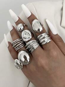 29/8pcs Women Punk Geometric Open Ring Set, Exaggerated Asymmetric Thick Silver Rings, Hip Hop Style Jewelry Gift - Style 4 - View 6