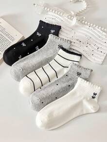5 Pairs Women's Cute Breathable Striped Bow Polka Dot Pattern Short Invisible Socks, Ankle Socks Crew Socks, White Socks, Black Socks For Daily & Casual Wear, Suitable For Fall&Winter, For All Seasons