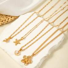 4pcs Elegant And Sexy Metal Starfish Flower Shell Pendant Necklace Set With Geometric Chain Jewelry, Perfect For Daily Wear Or Parties - Ideal Holiday Gift For Women, Versatile Autumn/Winter Fashion Accessory - Vàng - Xem 3