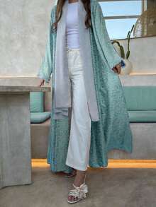 1 件优雅休闲印花袖口柔软面料 Abaya 开衫长袍披肩，适合日常穿着和聚会 - 綠色 - 查看 5