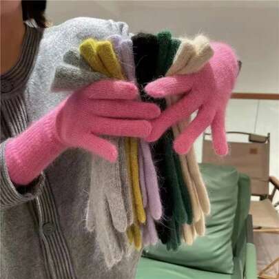 2024 Guantes elásticos de dedos completos para mujeres, guantes largos de lana de conejo, manoplas de invierno para mujeres, manoplas de color sólido, guantes gruesos y cálidos