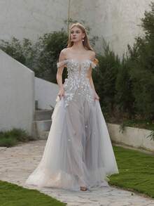 Off-Shoulder Deep V Lace Embroidery Sexy Long Wedding Dress