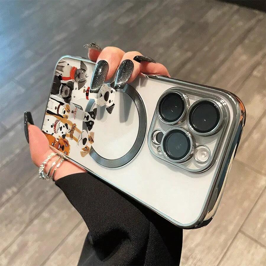 Teléfono con lentes magnéticas y baño de electroerosión con diseño de cachorros. Compatible con carga inalámbrica magnética y compatible con phone 16 Pro Max, 16, 15 Pro, 14, 14 Plus/14 Pro Max, 13, 13 Pro, 12 Pro, 11/11 Pro y la serie Pro. Es un excelente teléfono para regalar a amigos, en cumpleaños y en fiestas. - Plateado - Ver 1