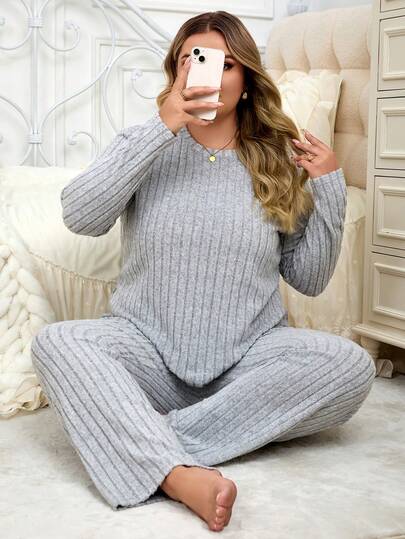 Plus Size Solid Color Rib Knit Women Loungewear Set, Popular Autumn/Winter Home Wear
