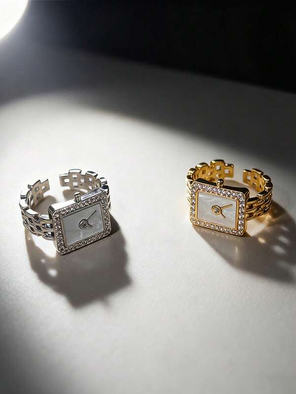 خاتم مطلي بالذهب عيار 18 قيراط بشكل مربع مرصع بالزركونيا بتصميم قرص ساعة مستطيل، خاتم أنيق، إكسسوار موضة جديد، هدية فريدة للمستقرين