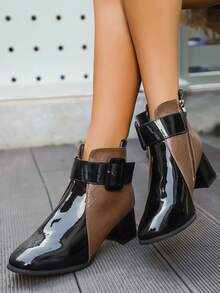 Women's Ankle Boots, Women's Short Boots, Pointed Toe, Thick Heels, Glossy Surface, Zipper On The Side Of The Shoe, Black And Brown, Simple Design, Gorgeous And Comfortable, High-End Texture, Suitable For Daily Commuting. - 棕色 - 查看 5