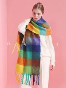 1 pieza Bufanda esponjosa con estampado a cuadros, elegante y bonita, de alta calidad, cálida y cómoda, de falso cachemira para mujer, adecuada para uso diario, ir al trabajo, exteriores, hogar, viajes, regalos, accesorios