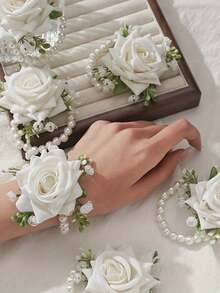  4/6pcs Elegant White Rose Wrist Corsages With White Gypsophila And Faux Pearl Chains, Beautiful Floral Decorations With Green Leaves, Durable And Comfortable To Wear, Perfect Wedding Accessories For Bride, Bridesmaids, Mother-In-Law, And Guests, Ideal For Prom, Anniversary, Dinner Dance, Engagement, Or Formal Events, Romantic Party Favors And Elegant Gift Choice For Women Girls Valentine's Day Accessories