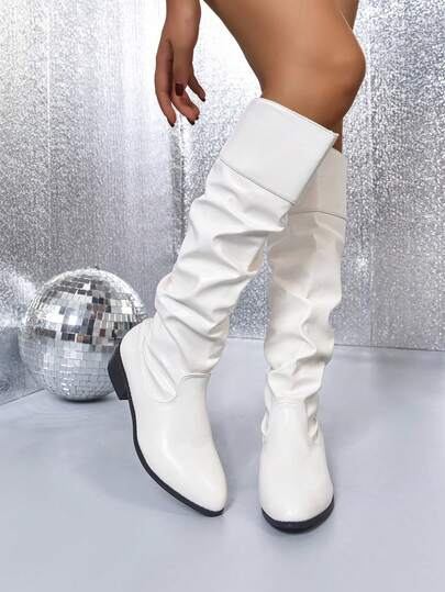 1 Pair Elegant Solid Color Comfortable Warm Fashion Pleated Knee-High Boots For Teenage Girls, Fashionable Slip-On Suede Pleated Boots In Black, Brown And Red For Autumn/Winter