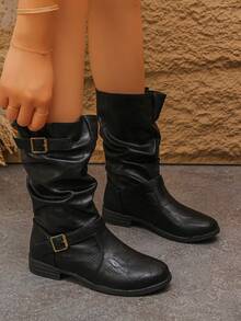 بوت نسائية موضة، بوت كاحل مطوية قابلة للانزلاق، بوت كاحل نسائية ذات كعب مسطح بإبزيم بطراز غربي، لون أحادي، للعطلات