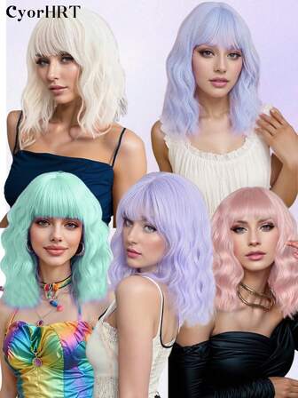 Halloween Colorful Wig With Luminous Effect Water Ripple Synthetic Heat-Resistant Wig With Bangs Wavy Curls In Purple, White, Pink, Mint Green Shoulder-Length Short Hair Suitable For Women For Daily And Holiday Party Wear