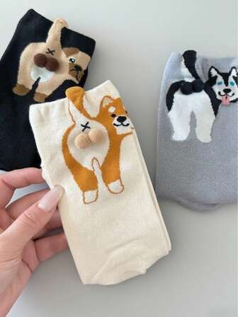 3 Pairs Women's New Cartoon 3D Dog Pattern Interesting Cute Breathable Comfortable Mid-Calf Socks
