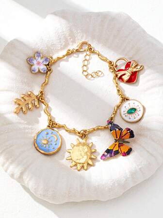 1 pieza Pulsera vintage con encantos de mariposa, sol, luna y flor en forma de corazón para mujer, pulsera de declaración de moda para uso diario, citas y fiestas