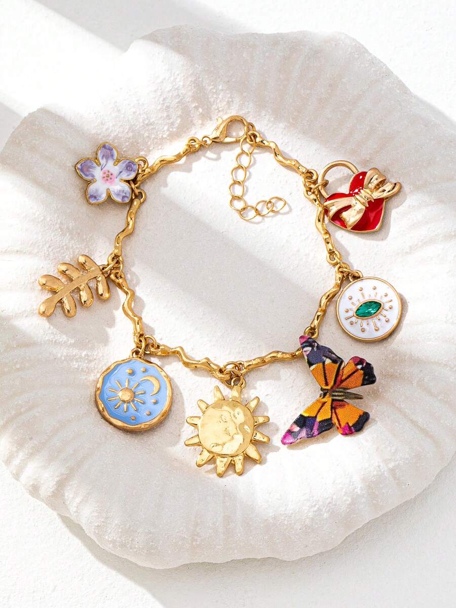 1件复古蝴蝶、太阳、月亮、花朵、心形吊坠手链，时尚吸睛，适合日常佩戴、约会、派对等场合。 - 彩色 - 查看 1