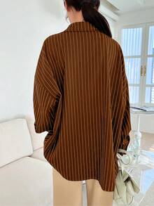 棕色和白色条纹前纽扣口袋长袖衬衫，秋季 - 棕色 - 查看 3