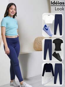 Thick Girls' Leggings, Youth, High Waist, Comfortable, Zero Transparency - 藏蓝色 - 查看 6