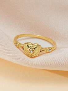 Gold Colour Heart Shaped CZ Ring (1Pc), Elegant Female Jewelry Accessory For Wedding Party & Fancy Gift AUWC - 戒指 - 查看 8
