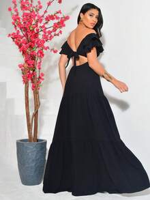 Long Off-The-Shoulder Dress With Ruffles, V-Neckline, Elegant, Charming Sleeves - negro - Ver 3