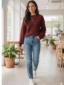 WOMEN'S KNIT SWEATER Puffed Sleeve Knitted Fang Modern Sophisticated - Redwood - View 1