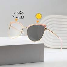 1 pieza Gafas de mujer de acero inoxidable de lujo con textura de cocodrilo y lentes fotocromáticas de ojo de gato, accesorio de moda