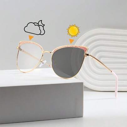 1pc Crocodile Texture Stainless Steel Luxury Photochromic Cat Eye Glasses For Women, Fashion Accessory