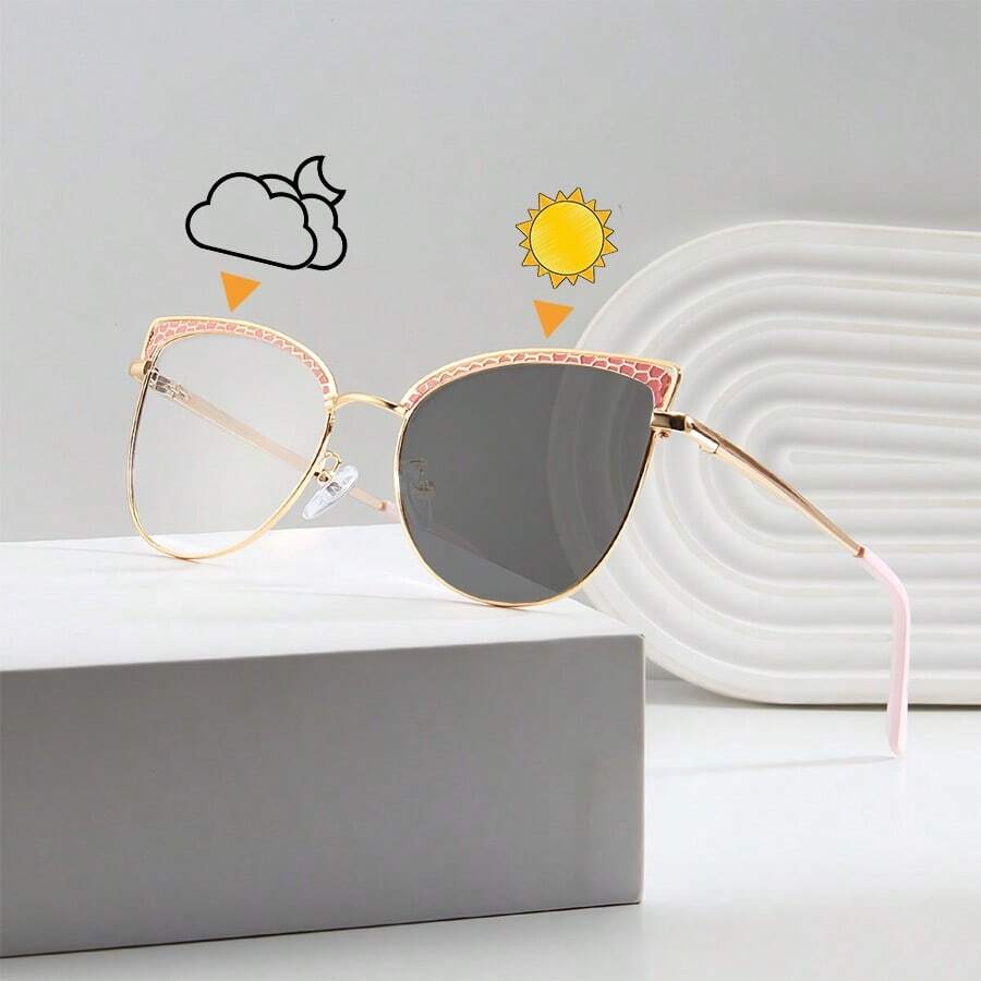 1 pieza Gafas de mujer de acero inoxidable de lujo con textura de cocodrilo y lentes fotocromáticas de ojo de gato, accesorio de moda