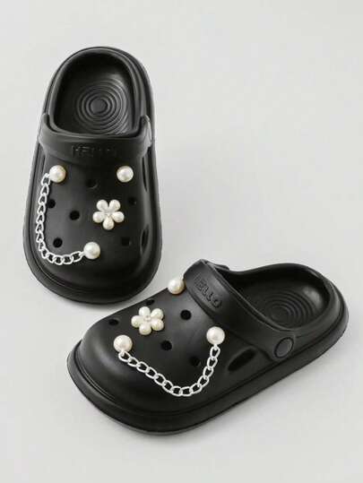 New Black Flat Sandals, Girls' Version - Soft Bottom Comfortable Slippers, Decorated With 3D Pearl Flowers, Closed Toe Design, Suitable For Autumn And Summer, Lightweight And Fashionable, Can Be Used As Beach Shoes, Indoor And Outdoor Water Shoes, Suitable For Swimming, Parties, Camping And School