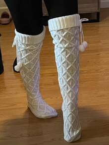 女士过膝长袜，保暖舒适，冬季圣诞礼物 - 白色 - 查看 4