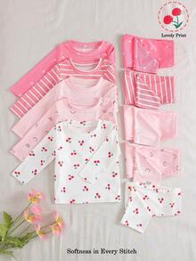 10pcs/Set Casual Cute Cherry & Floral Striped Printed Long Sleeve Top And Printed Pants Set, Autumn/Winter - Multicolor - View 1