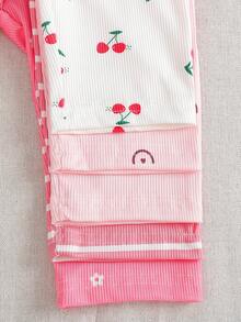 10pcs/Set Casual Cute Cherry & Floral Striped Printed Long Sleeve Top And Printed Pants Set, Autumn/Winter - Multicolor - View 7