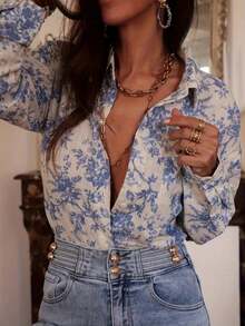 Áo sơ mi dài tay nữ kiểu dáng thường ngày, họa tiết hoa, phối nhiều mảnh, có túi, màu trắng, thích hợp cho kỳ nghỉ hè/thu. - trắng - Xem 3