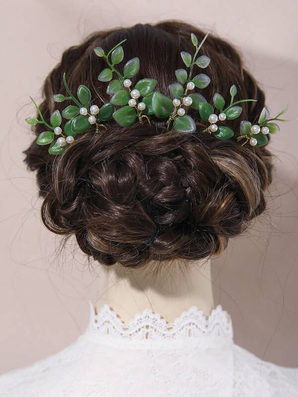 1pc Bride Headpiece, Plastic Leaf & Faux Pearl Hair Clip, Fresh & Cute, Suitable For Wedding, Party, Events